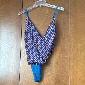 Akira Chicago Chevron Deep V Teal Blue and Brown Body Suit NWT Sz Ret $36.90